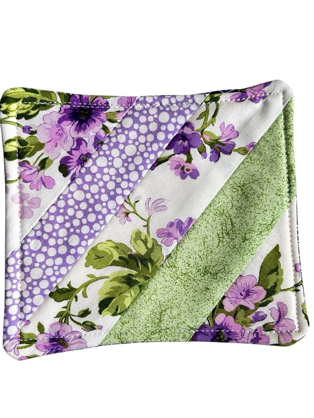 Hand Crafted Purple Green Floral Quilted Coaster Mug Rug Cotton - Picture 6 of 7